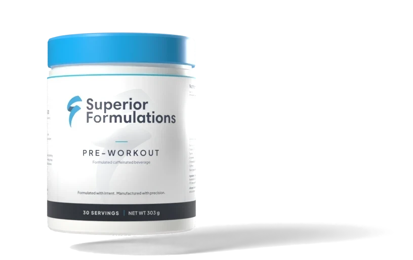 A white Superior Formulations pre-workout jar with a blue lid.